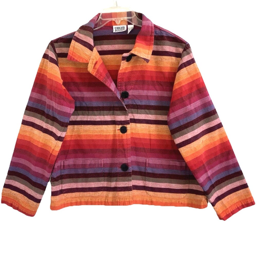 CHICO'S sz L sz 2 100% Cotton Madras Stripe Jacket Top Long Sleeve